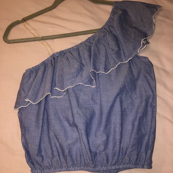 American Rag One Shoulder Ruffle Blue Crop Top - Picture 2 of 6